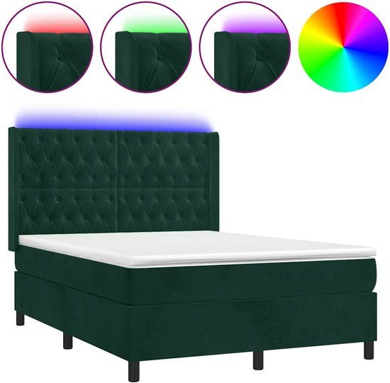vidaXL Boxspring met matras en LED fluweel donkergroen 140x200 cm