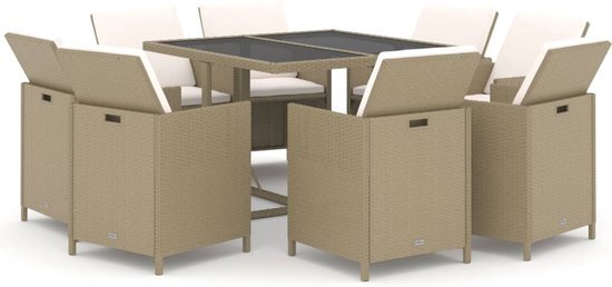 vidaXL 9-delige Tuinset met kussens poly rattan beige