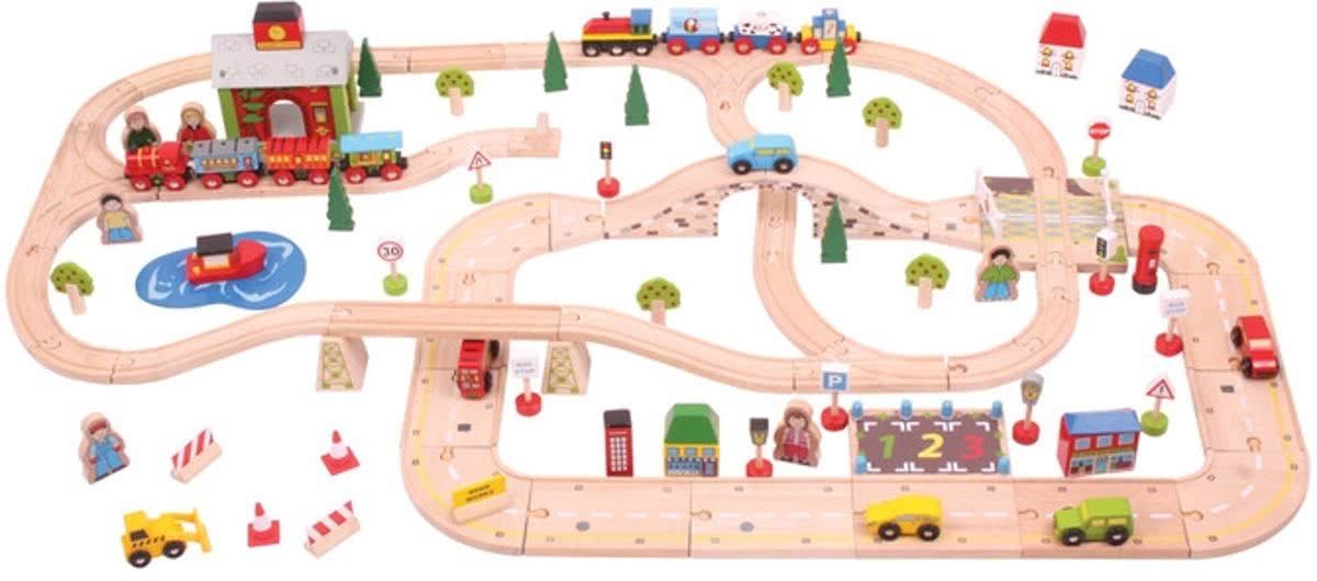 Bigjigs houten treinbaan en autobaan set 110-delig
