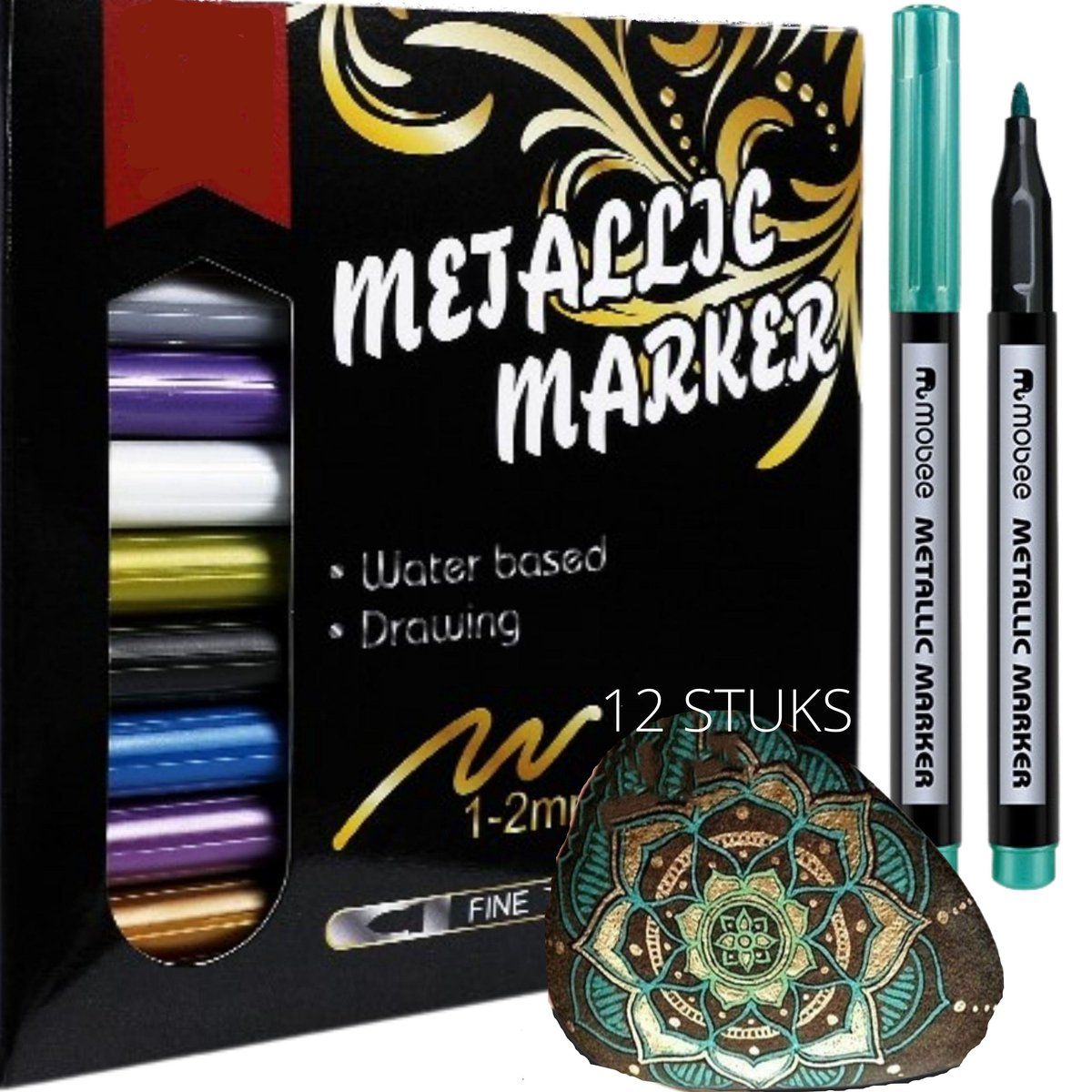 IZGO HappyStone Metallic marker stiften 12 kleuren | 1 mm | inclusief Sjablonen | Tekenset Metalic