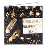 Afie 23052 vierkante kaart met opschrift "Happy Year" in het Engels, goudkleurig, glanzend, 2 fluiten met sterren en ballen, tafeldecoratie voor het kerstfeest – met witte envelop