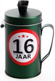 Shoppartners Spaarpot - 16 jaar geworden thema - verjaardag cadeau - Blik met sticker van 9 cm - blik in groen