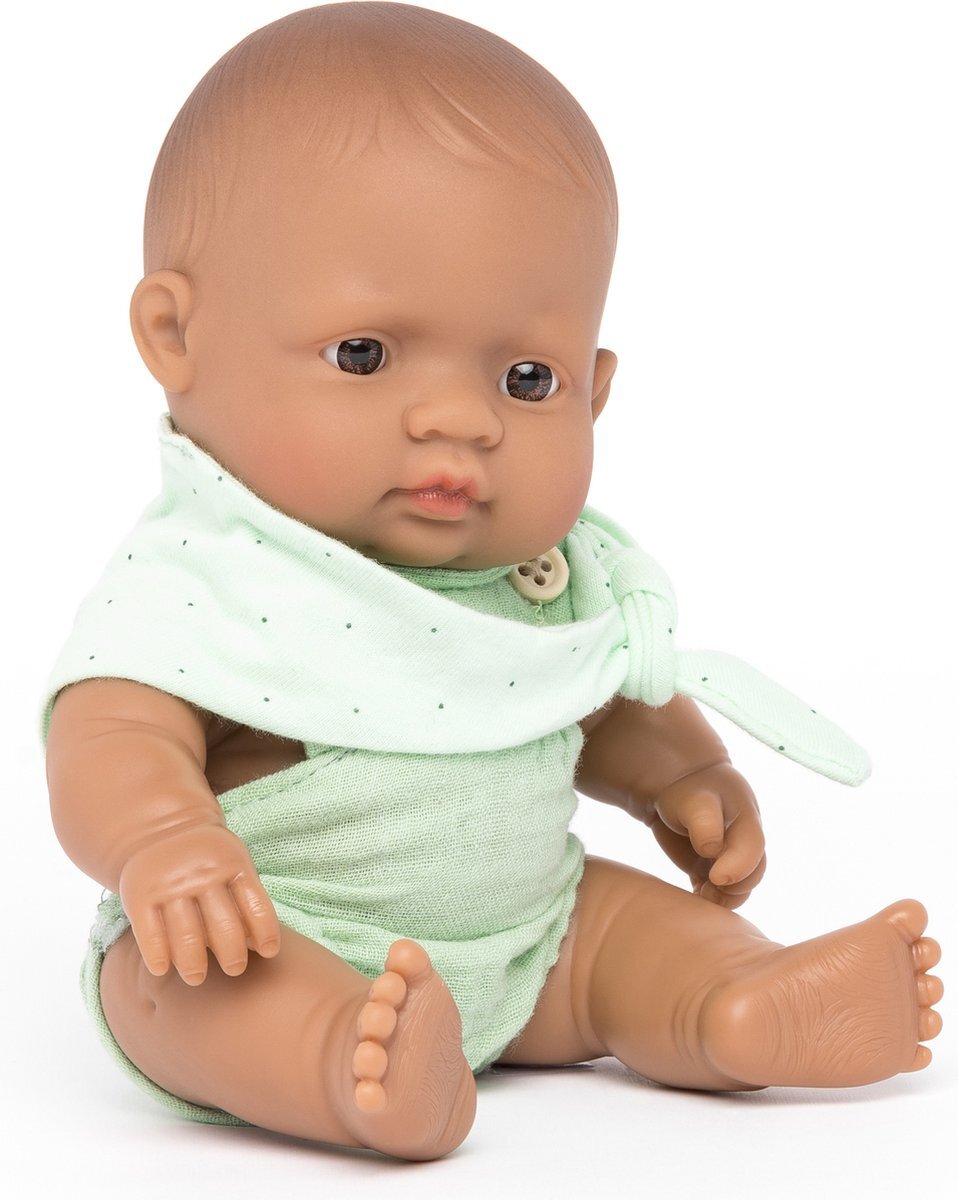 Miniland ML Poppen: BABYPOP AZIATISCH MEISJE AANGEKLEED 21cm, met vanillegeur, waterdicht, anatomisch correct, in vinyl. Made in Spain, 10m+