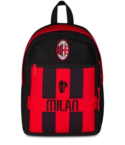 Seven Milan Rugzak met dubbel vak, rood en zwart, voetbalteam, voorvak met ritssluiting en vak voor drinkfles, kinderen, basisschool, Rood, Eén maat, Casual