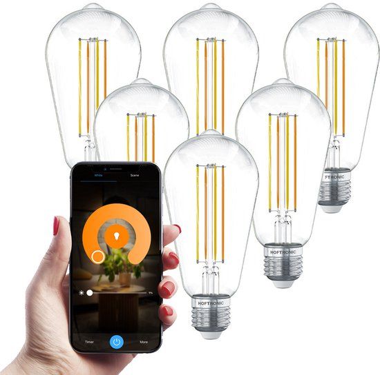 HOFTRONIC Set van 6 Smart Gloeilampen - 7 Watt 806 Lumen - ST64 Edison Helder - 1800-3000K - Dimbaar - E27 Filament - Bedienbaar via Google Home & Amazon Alexa