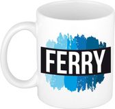 Bellatio Decorations Shoppartners Bv Ferry naam cadeau koffie mok - beker - met blauw verfstrepen - Cadeau collega - vaderdag - verjaardag - meester - coach - 300 ml - wit
