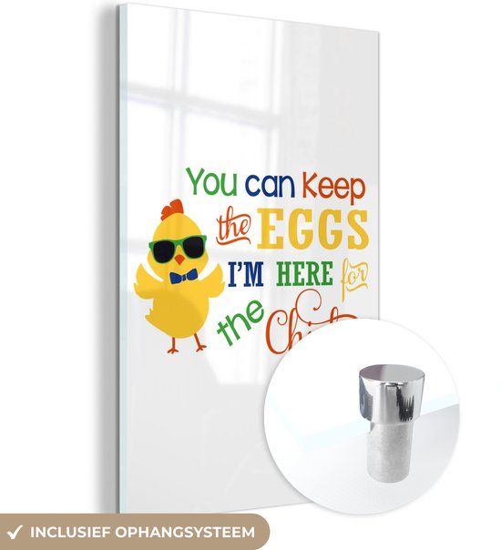 MuchoWow® Glass Painting 100x150 cm - Easter - "You can keep the eggs i'm here for the chicks" - Acrylic Glass