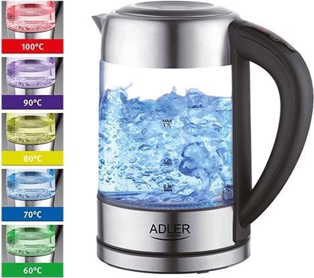 Adler Waterkoker met temperatuur controle - 60-100 graden - 1.7 liter - verschillende kleuren led