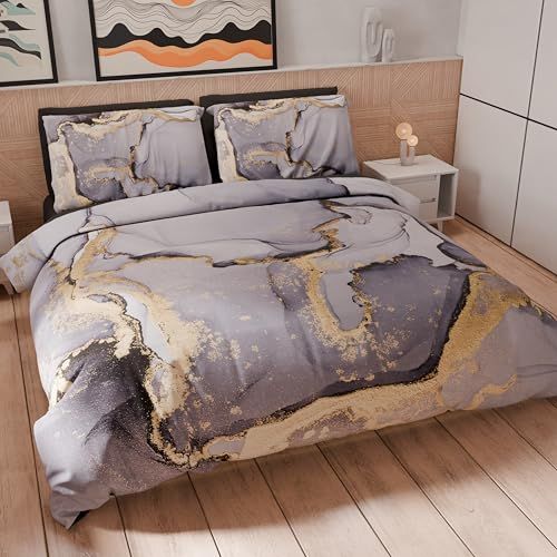 PETTI Artigiani Italiani Dekbedovertrek voor Frans bed 200 x 200 cm, dekbedovertrek microvezel met digitale print + 1 kussensloop 50 x 80 cm - Made in Italy - Marble Grey