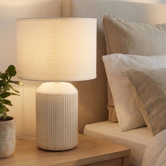 BRILONER - Tafellamp - Ø22 x 37,5 cm - wit - Keramiek - Stoffen kap - E27