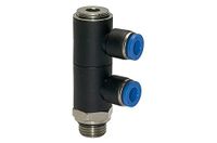 L-meervoudige RIEGLER L-meervoudige verdeler »Blaue serie«, 2-voudig, draaibaar, G 1/4 a., voor slot-buiten-Ø 10 mm, werkdr. Maximale 15 bar, kunststof/MS vern.