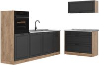Vicco Complete keukeneenheid R-Line, Antraciet landelijk/Goudkleurig Eiken, 220 cm marmer werkblad