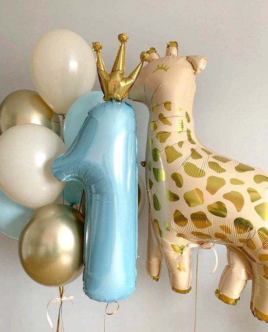 8-delige Eerste Verjaardag Ballonnen Set Giraf Blauw Goud - 1 Jaar