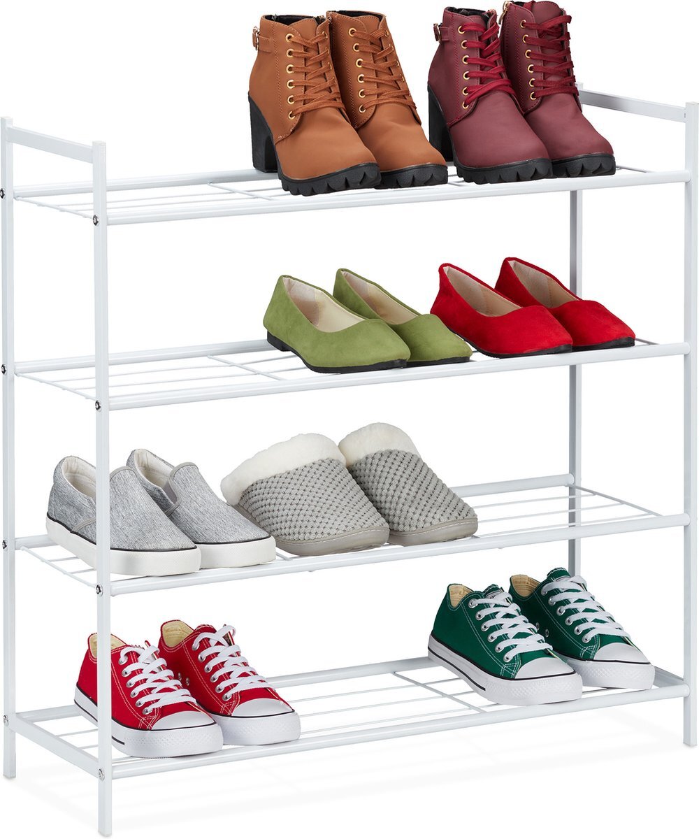Relaxdays schoenenrek 4 etages - metalen opbergrek - schoenen organizer - voor 12 paar - wit
