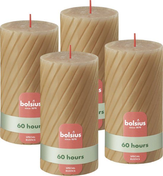 Bolsius Rustieke Kaars - Gedraaid Patroon - 4 stuks - Beige - 60 branduren - 13 cm