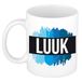 Bellatio Decorations Luuk naam cadeau koffie mok - beker - met blauw verfstrepen - Cadeau collega - vaderdag - verjaardag - meester - coach - 300 ml - wit