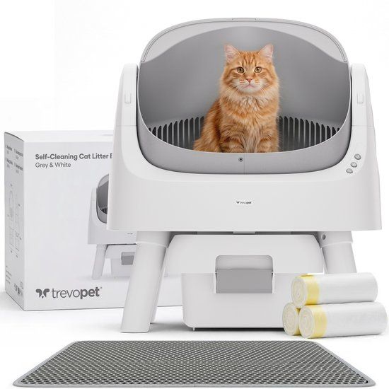 TrevoPet® Automatische Kattenbak - Zelfreinigend & Veilig - Voor Katten tot 12KG - Incl. Mat, 60 Afvalzakjes & Accessoires - 10L Afvalbak - Wit & Grijs