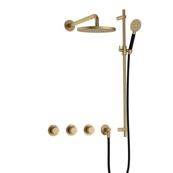 hotbath Cobber IBS70 complete thermostatische douche inbouwset met 2 stopkranen met 38.5cm wandarm 20cm ronde hoofddouche 3 standen ronde handdouche met glijstang messing geborsteld IBS70BB17