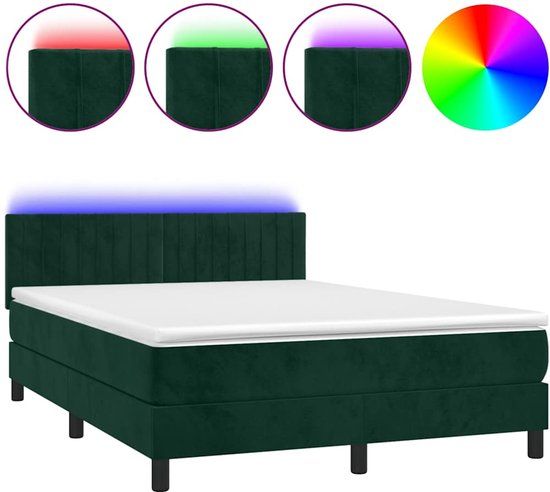 vidaXL Boxspring met Matras en LED Fluweel Donkergroen 140x190 cm