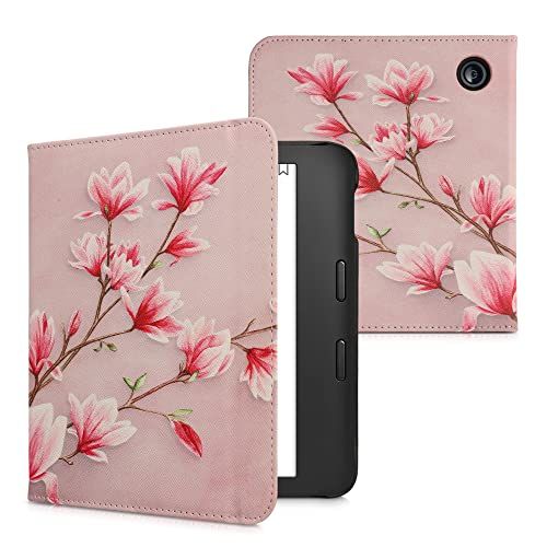 kwmobile flip cover compatibel met Kobo Libra 2 - Case met magnetische sluiting - Hoes voor e-reader in poederroze/wit/oudroze - Magnolia
