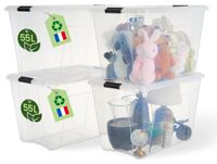 Iris Ohyama Opbergboxen Met Deksel, 55L, Set Van 4, Transparant, Veilige Sluiting, Stapelbaar, Handgrepen, Slaapkamer, Kast, Kantoor, Organisatie, BPA-vrij Plastic, Opbergdozen, BSB-55