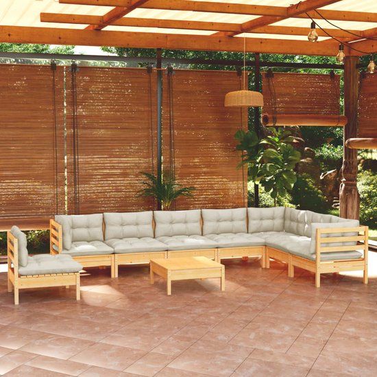 The Living Store Loungeset - Solid Pine - Cream Cushions - Modular Design - 8 Seats - 9 Pieces