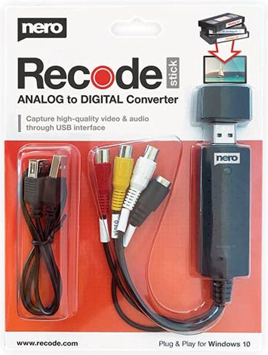 Recode Stick - ANALOG naar DIGITAL Capture Card / Audio Converter voor Windows 11 / 10 / 8 (Videocassettes digitaliseren | S-VHS | Hi8 | Super 8 | DVD naar PC )