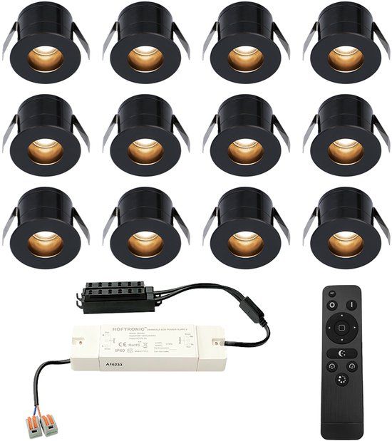HOFTRONIC Set van 12 Olivia LED Mini Inbouwspots Zwart - 12 Volt 3 Watt 150 lumen - Dimbaar - Verzonken - 2700K Warm wit - IP44 waterdicht