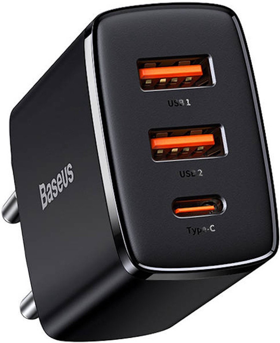 BASEUS Compact Oplader met 2 USB A en 1 USB C aansluiting 30W zwart - PD3.0 Power Delivery - QC3.0 Qualcomm Quick Charge