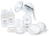 NUK Handmelkpomp, zacht siliconen kussen, ergonomische hendel, 2 x Perfect-Match-fles, 150 ml, 2 x NUK high-performance wegwerp-borstpads