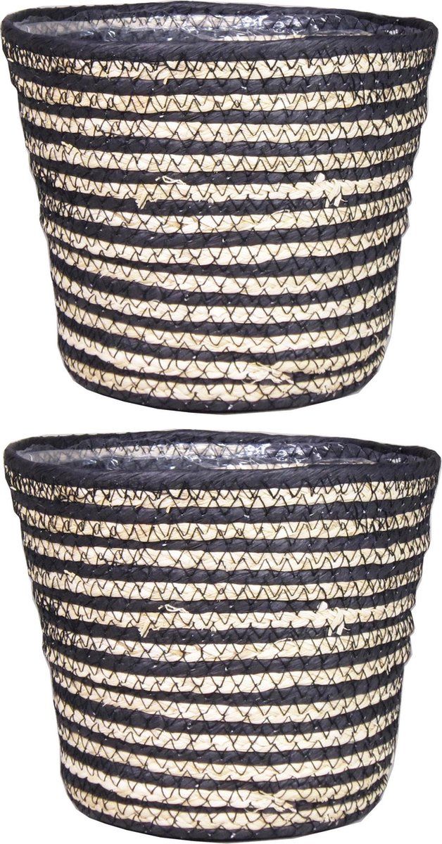 Bela Arte Set van 2x rotan plantenpotten - zwart - H20 en D22 cm