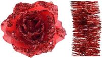 Decoris Kaemingk B.V. Kerstversiering kunststof glitter bloemen op clip 14 cm en folieslingers pakket kerst rood 5x stuks