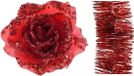 Decoris Kaemingk B.V. Kerstversiering kunststof glitter bloemen op clip 14 cm en folieslingers pakket kerst rood 5x stuks