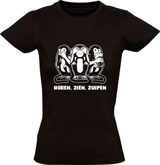 Sol's Horen, zien, bier zuipen Dames T-shirt - Zwart - Maat S