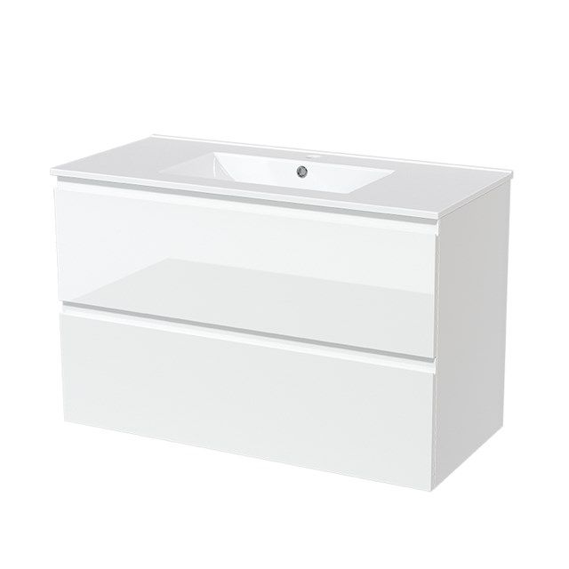 Maxaro Badkamermeubel 100cm Modulo Hoogglans Wit 2 Lades Greeploos Wastafel Keramiek