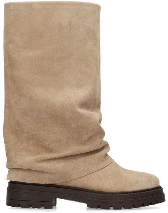 Manfield - Dames - Beige suède laarzen met flap - Maat 40