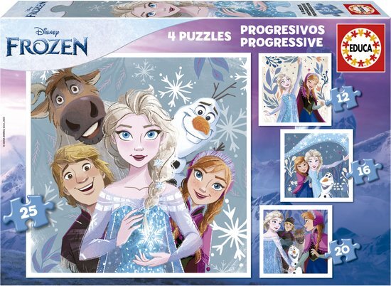 Educa Set van 4 progressieve puzzels voor kinderen, 12 tot 25 stukjes met afbeeldingen van Frozen en vrienden, afmetingen: 16 x 16 cm, aanbevolen vanaf 3 jaar (19735)
