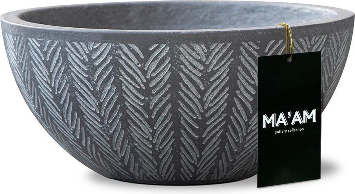 MA'AM Ivy Plant Pot - Round - D37 - Grey/Anthracite - Frost Resistant - With Drainage Hole - Decorative Bowl - Trendy Herringbone Design