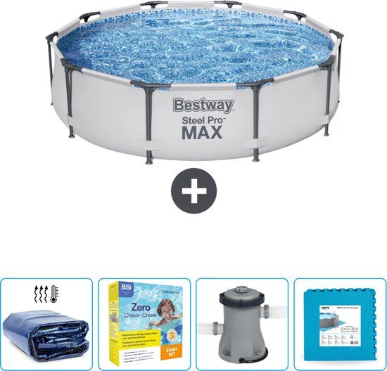 Bestway Steel Pro MAX Zwembad Rond - 305 x 76 cm - Grijs - Incl. Solarzeil, Onderhoudspakket & Pomp