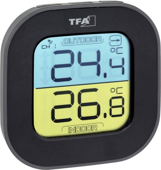 TFA FUN thermometer met buitensensor radio, binnen/buiten, digitaal, tendentiepijlen, zwart, L95 x B45 x H165 mm