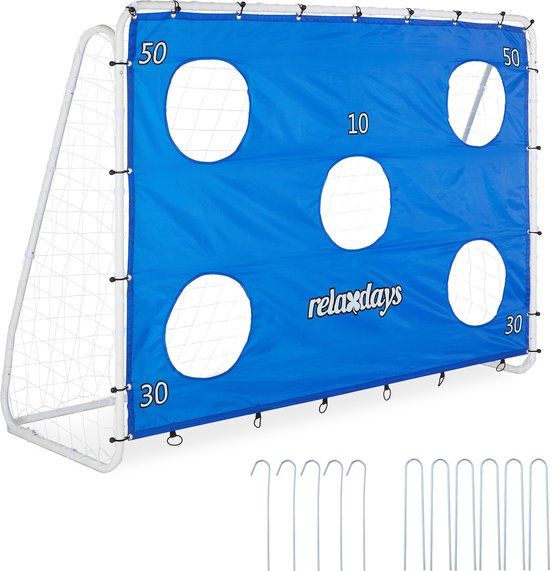 Relaxdays Voetbaldoel met gatendoek - Staal - 170x235x85 cm - Blauw/Wit