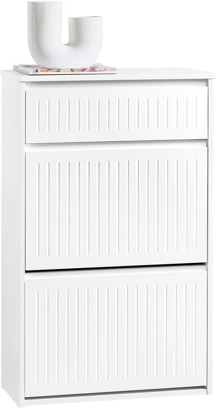 SoBuy FSR165-W Schoenenkast - Witte Opbergkast met 2 Flappen & Lade