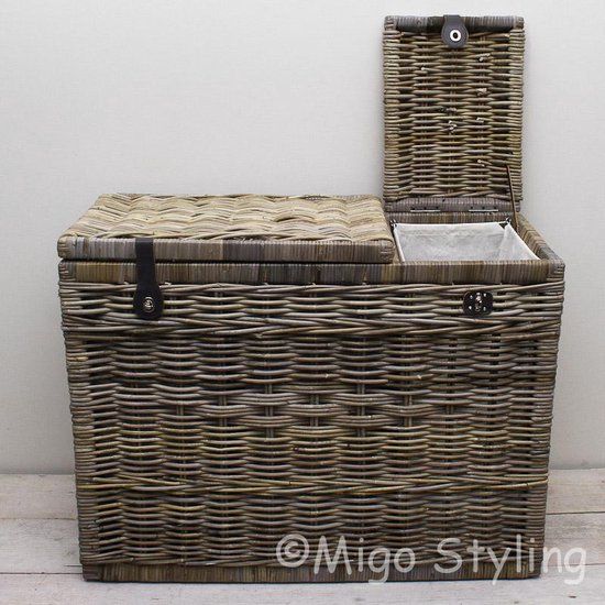 Migo Styling Wasmand - 3 Vaks - Met Deksel - 85x40xH65 - Riet/Rotan - Trio