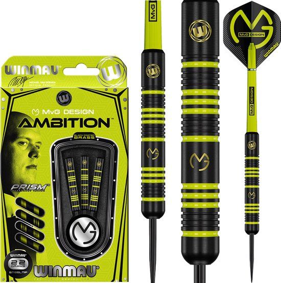 WINMAU Michael van Gerwen MvG Ambition Black Coated Brass Steeltip Dartpijlen - 22 Gram