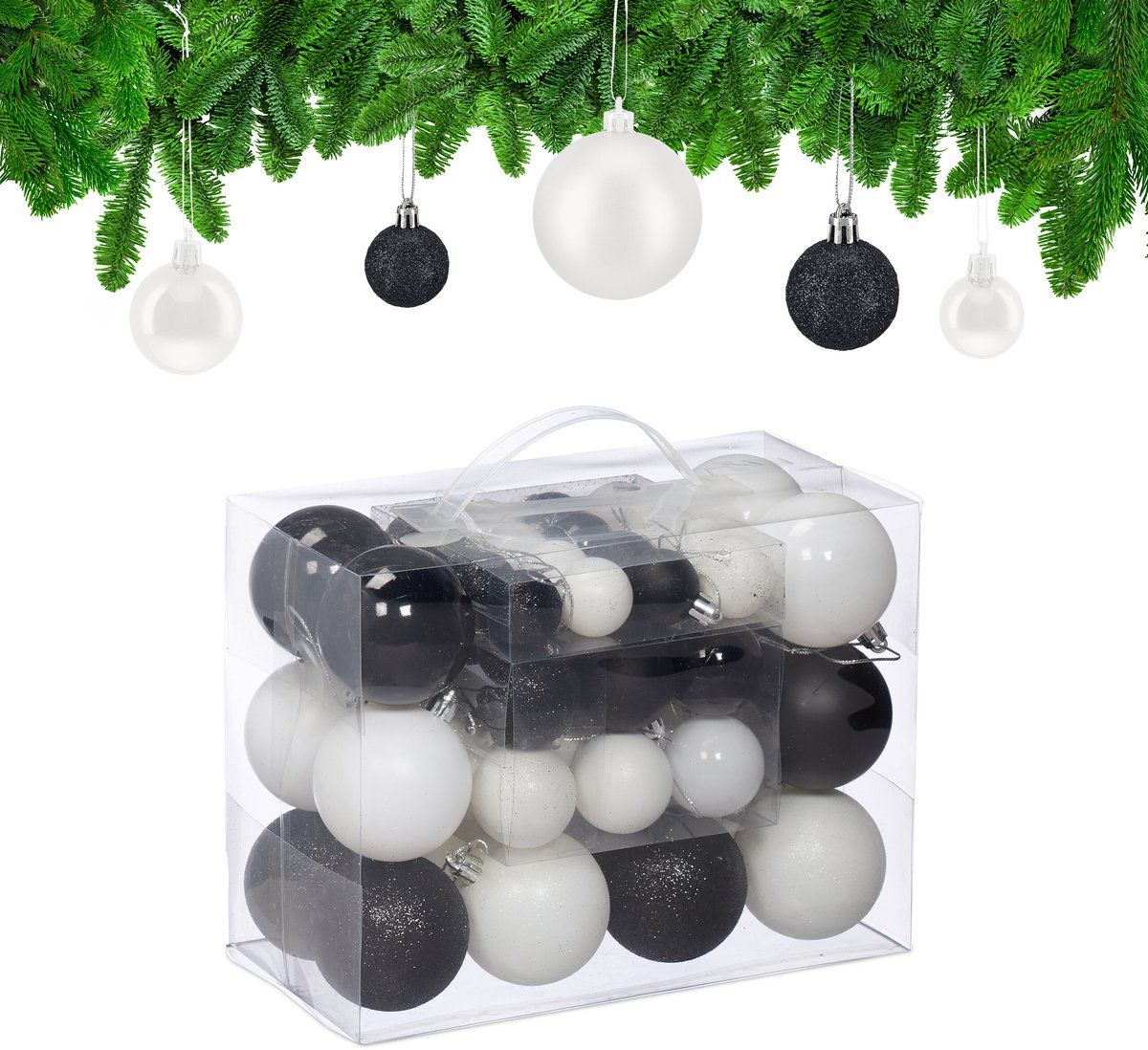 Relaxdays 50 matte, glanzende en glinsterende kerstballen, voor het versieren van de boom zoals het hoort, zwart en wit