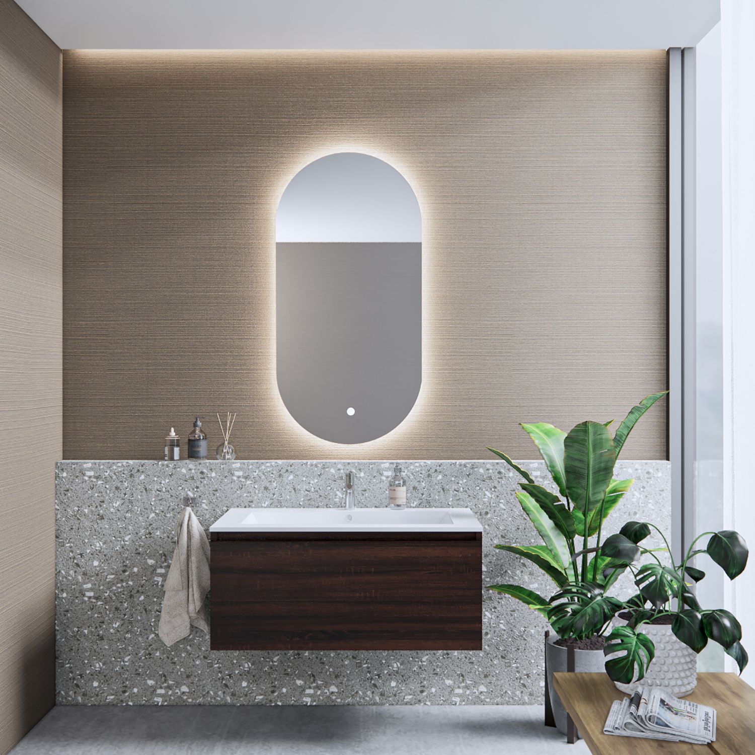 Boss & Wessing Badkamermeubelset Anubis 80 cm 1 lade Sonama Charcoal Eiken met Wastafel (naar keuze)