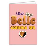 69-9037 Kaart Belle en Re-Belle als een hart voor mooi meisje vrouw tekst woord letters in oranje koper glanzend + envelop 12 x 17,5 cm - binnenkant wit - creatie print gemaakt in Frankrijk
