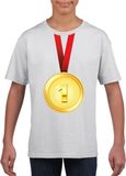 Bellatio Decorations Gouden medaille kampioen shirt wit jongens en meisjes - Winnaar shirt Nr 1 kinderen 110/116