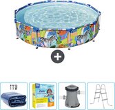 Bestway Rond Steel Pro Zwembad - 305 x 66 cm - Jungleprint - Inclusief Solarzeil - Onderhoudspakket - Pomp - Ladder