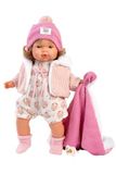 Llorens 1038572 Pop Lola, met grijze ogen en blonde haren, babypop met zacht lichaam, incl. gebreide outfit met muts en roze knuffeldeken, 38 cm